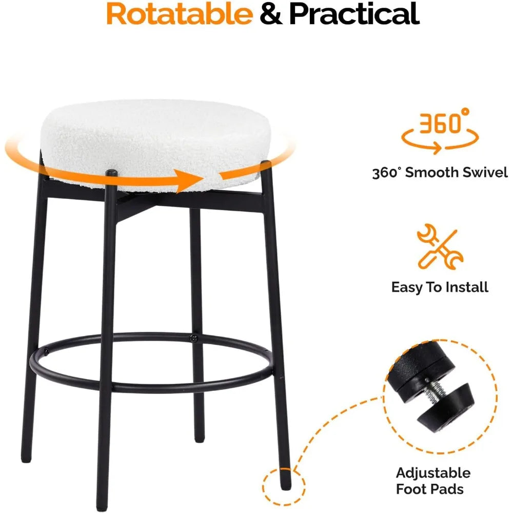 Swivel Round Barstools 24" Teddy Wool Upholstered Set of 2