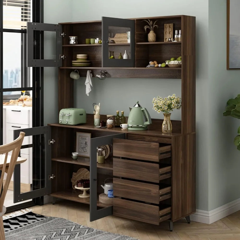 Tall Kitchen Pantry Cabinet with 4 Drawers Doors Microwave Stand