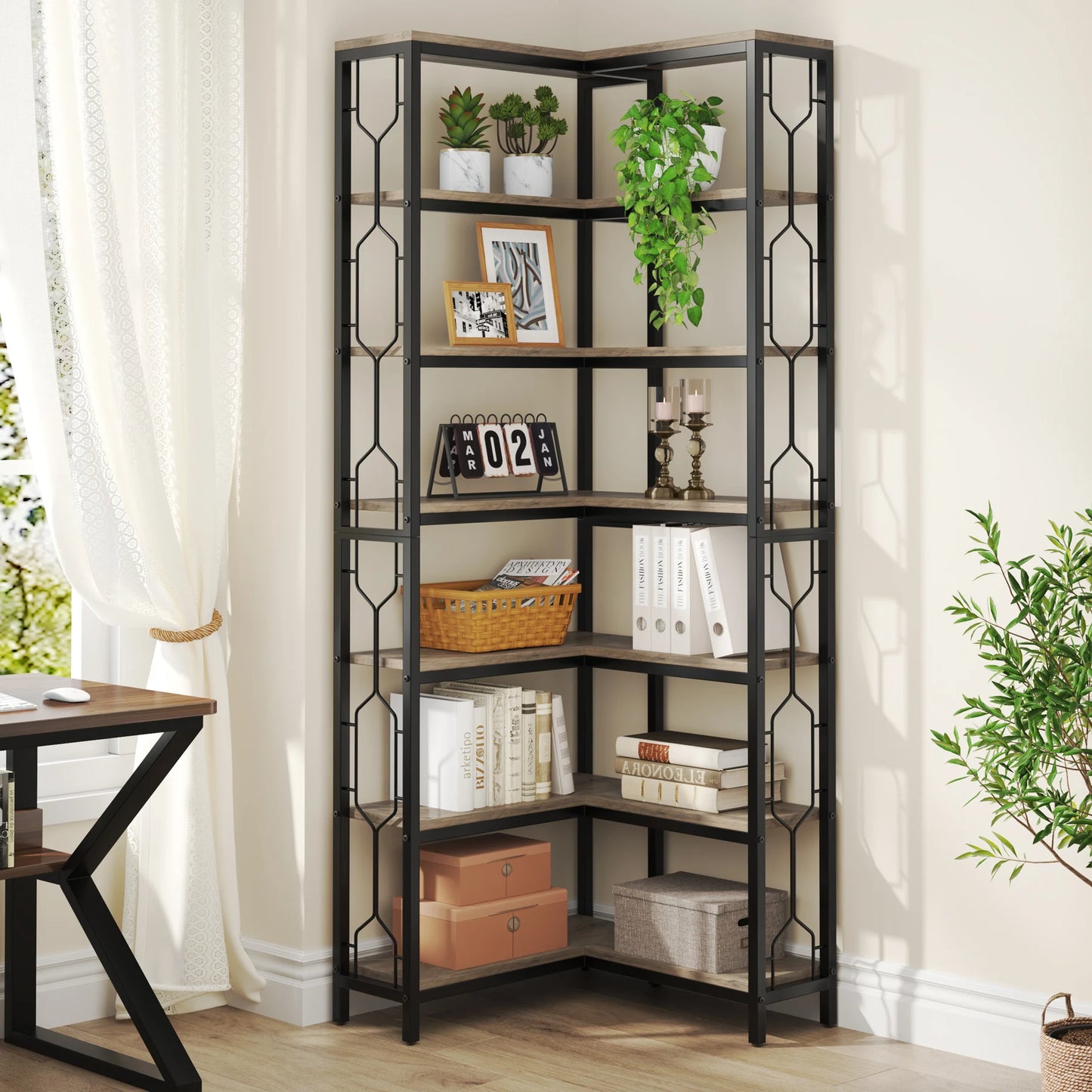Ljustra 7-Tier Industrial Corner Shelf Wood Metal Bookcase Display Unit