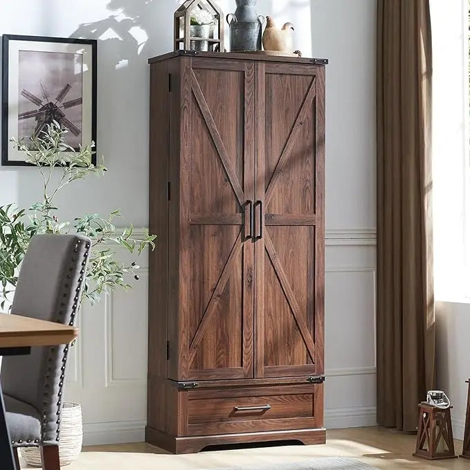 72 Inch Farmhouse Kitchen Pantry Cabinet with Drawer and Barn Doors