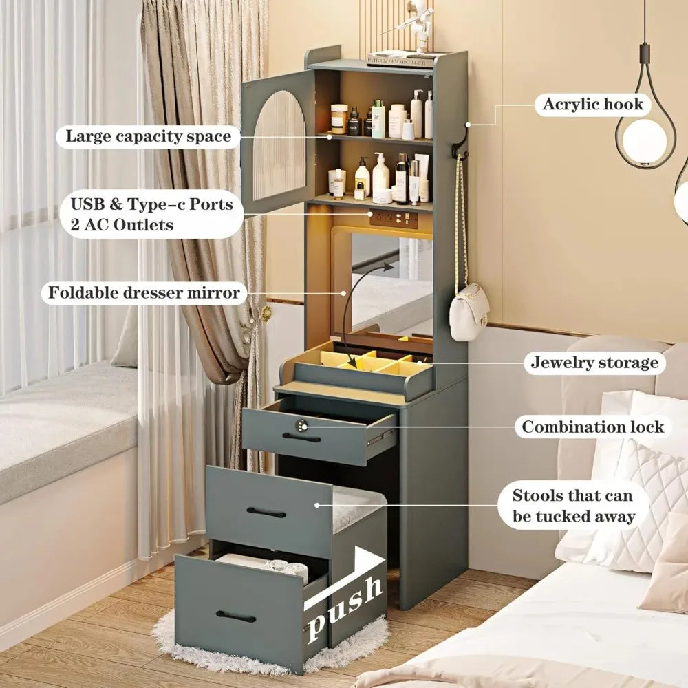 Small Vanity Desk with Mirror and LED Lights Compact Makeup Table