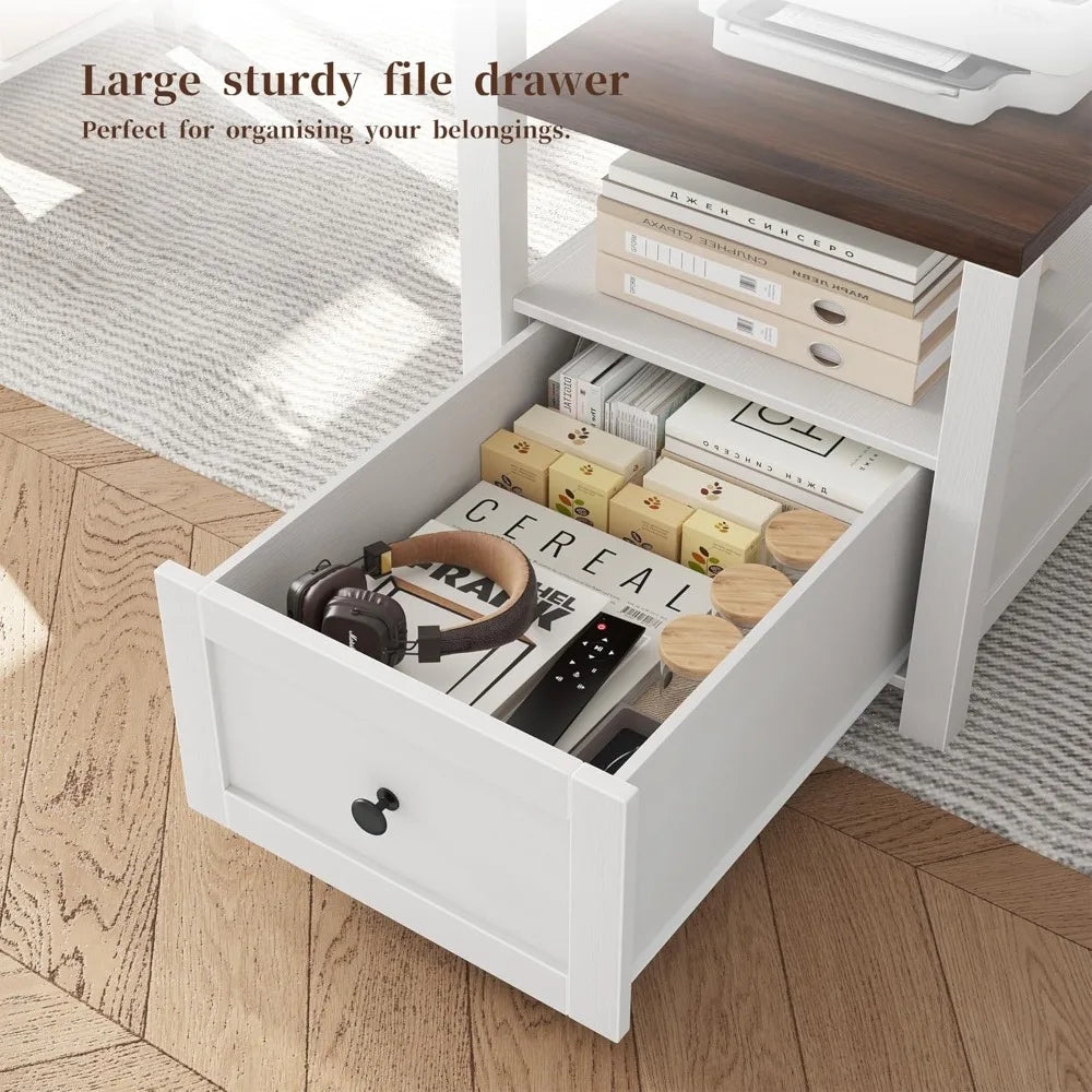 63 Inch Farmhouse Computer Desk with Drawers LED Lights Shelves