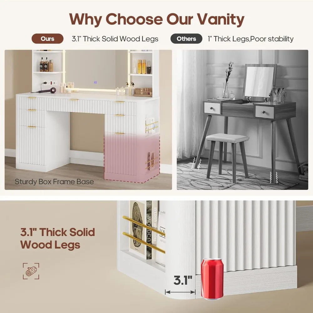 51.2" Fluted Makeup Vanity Desk with Mirror Lights 5 Drawers Shelves