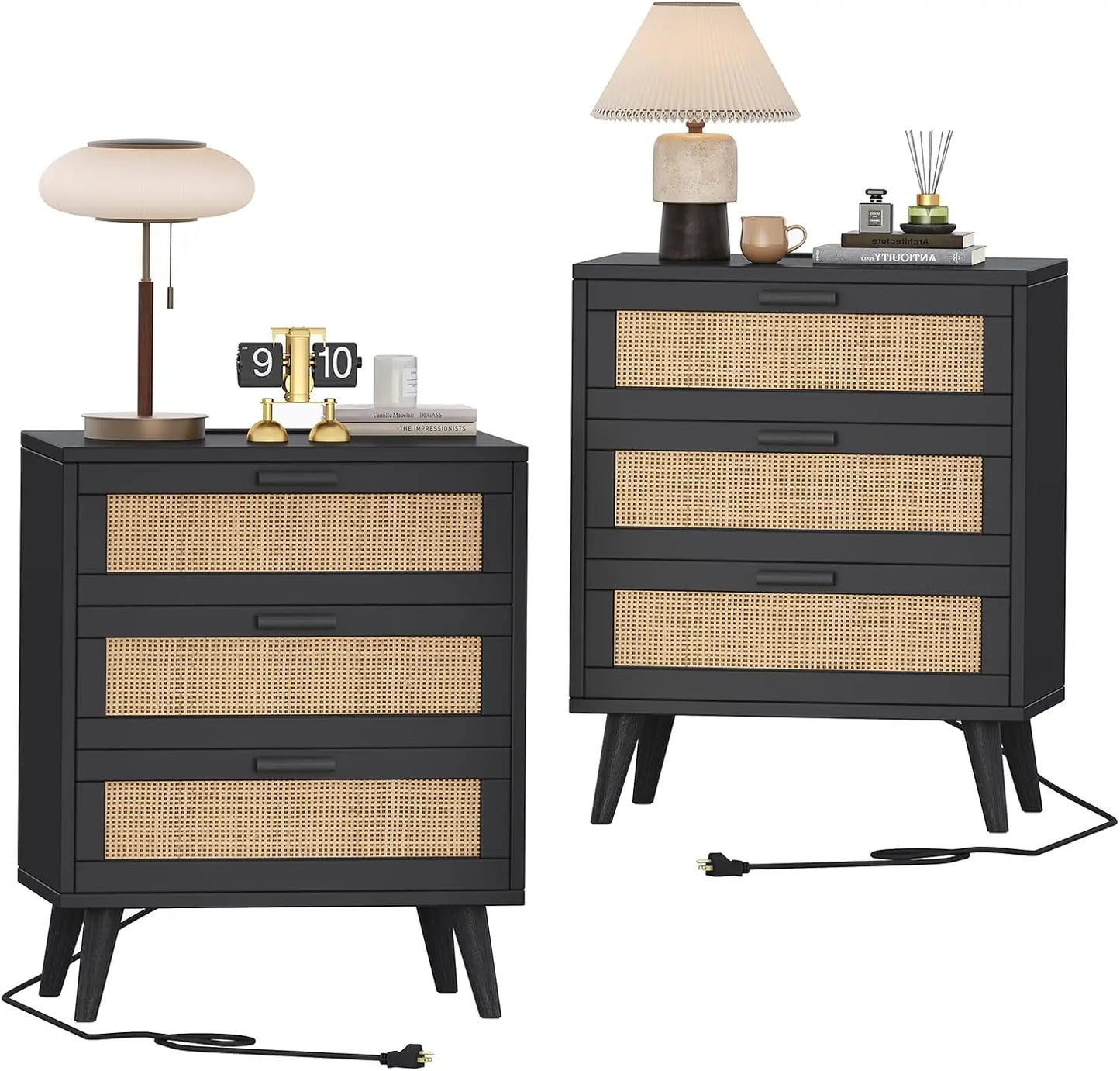 Rattan Nightstand Set of 2 with Charging Station and 6 Drawers