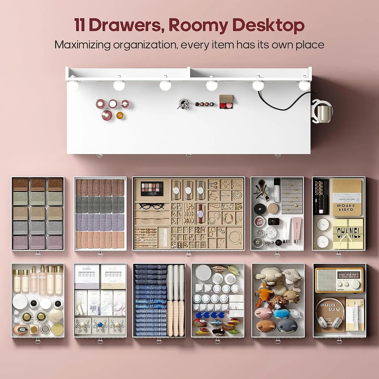 Vanity with Extra Large Mirror Lights Makeup Desk Storage Dressing Table