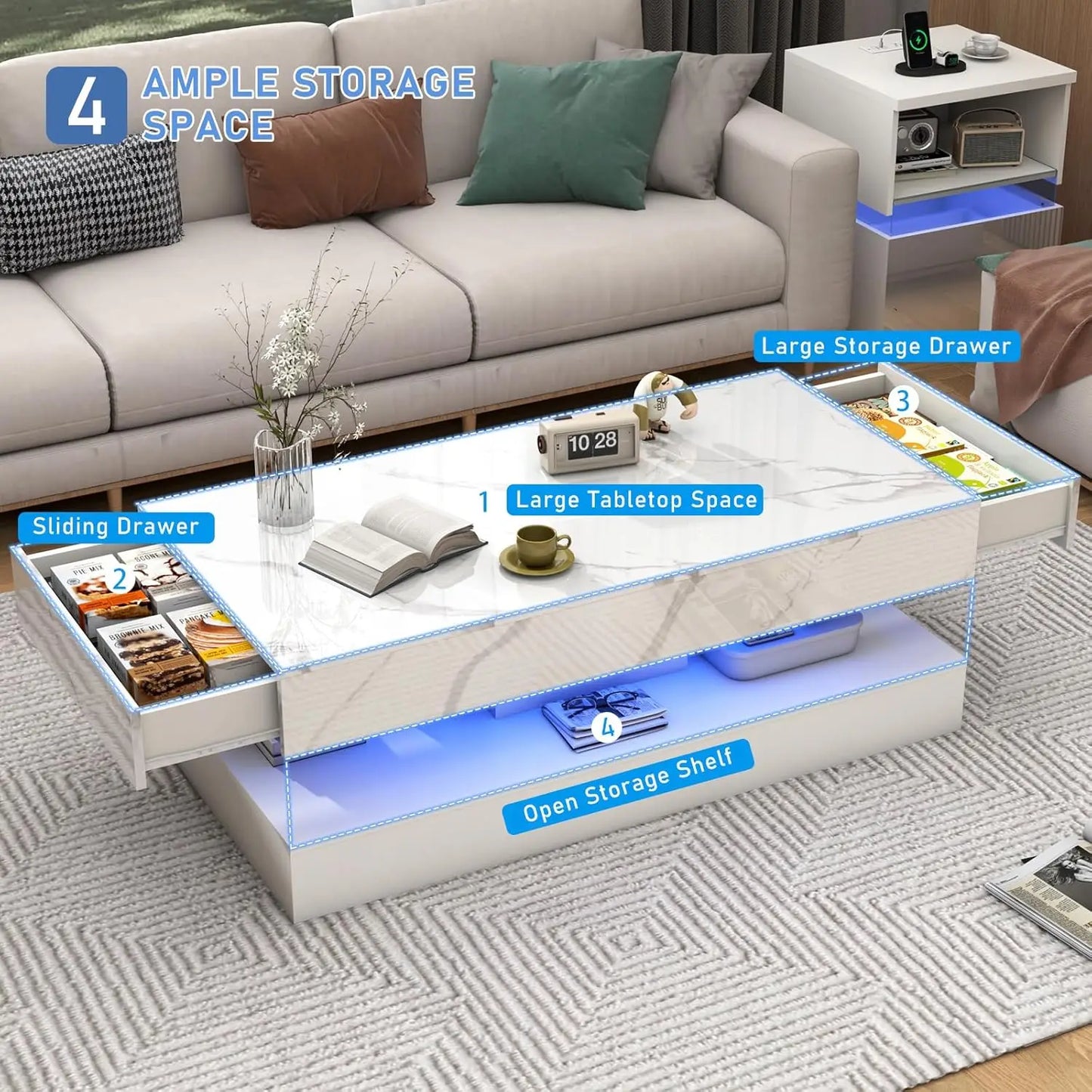Modern Coffee Table with LED Lights Double-Layer Design Storage Drawers