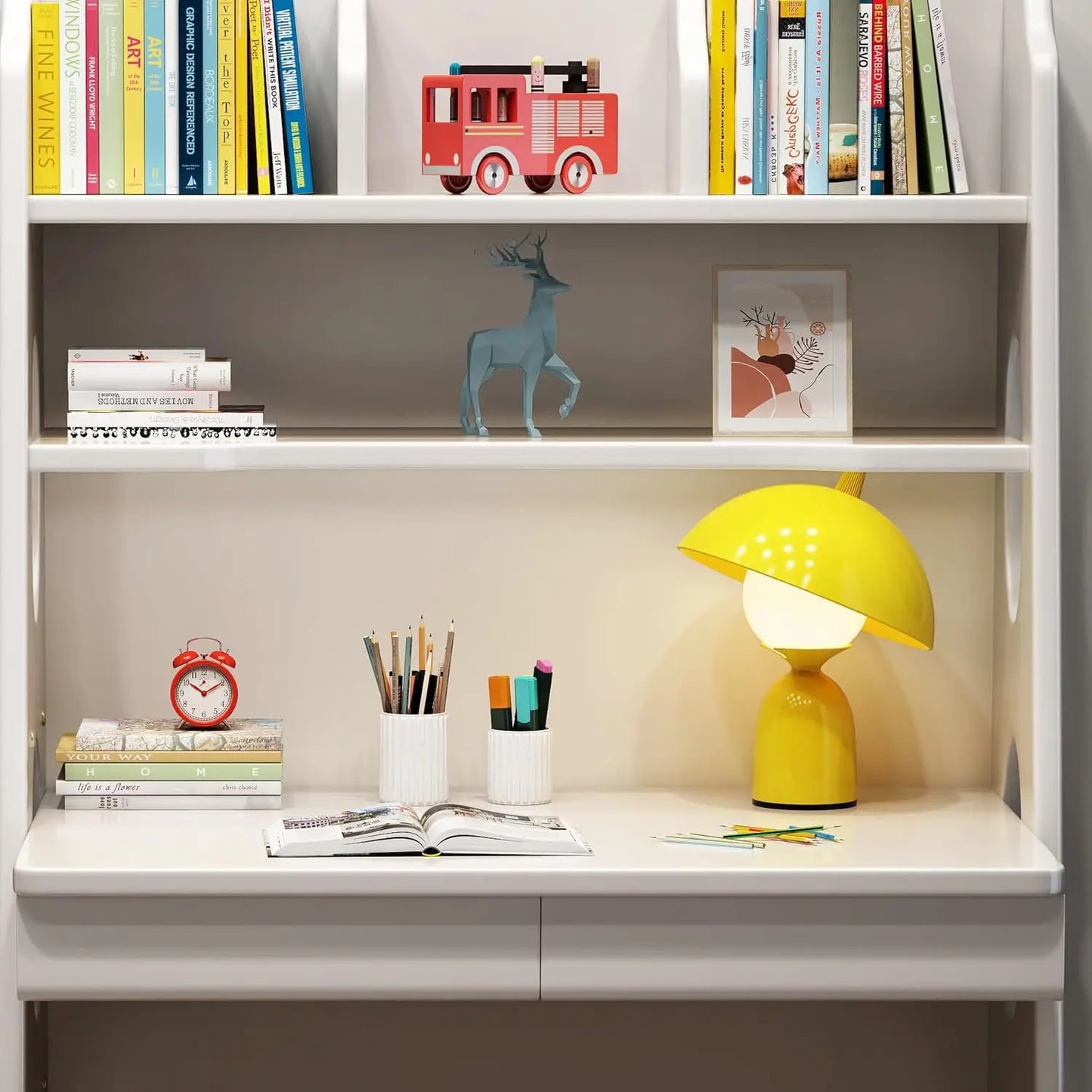 Kids Desk with Bookshelf and Drawers Wooden Student Workstation
