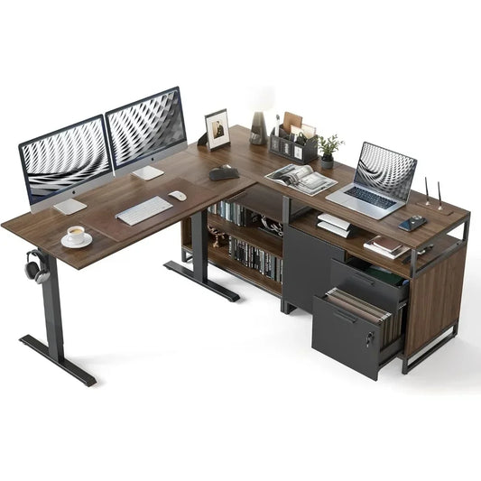 L Shaped Executive Standing Desk Electric Height Adjustable with Cabinet