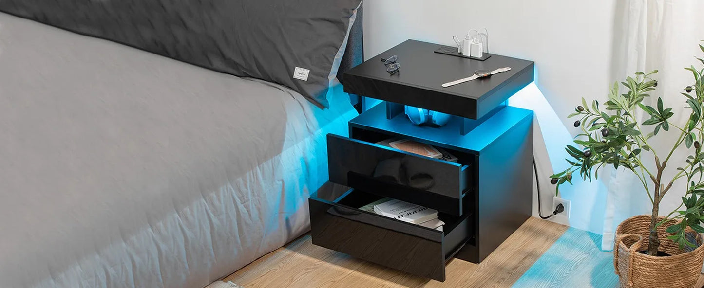 Nightstand with Wireless Charging USB Ports Modern Bedside Table Storage