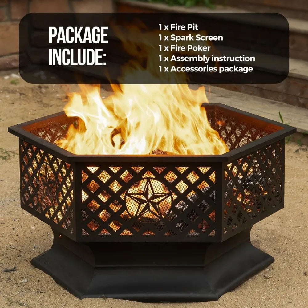 33 Inch Hexagon Outdoor Fire Pit Wood Burning Metal Firepit for Backyard