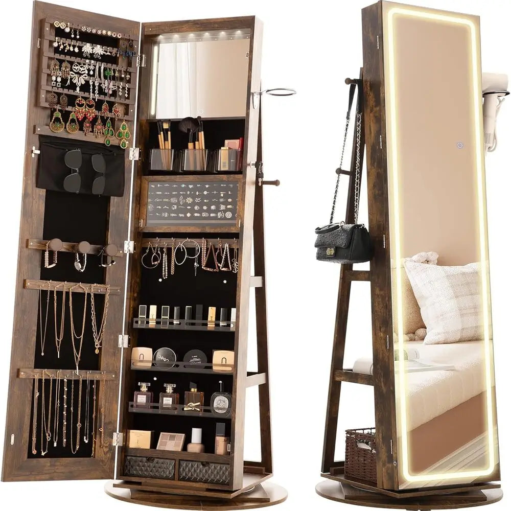 Ljustra LED Mirror Jewelry Cabinet 360° Swivel Lockable Armoire