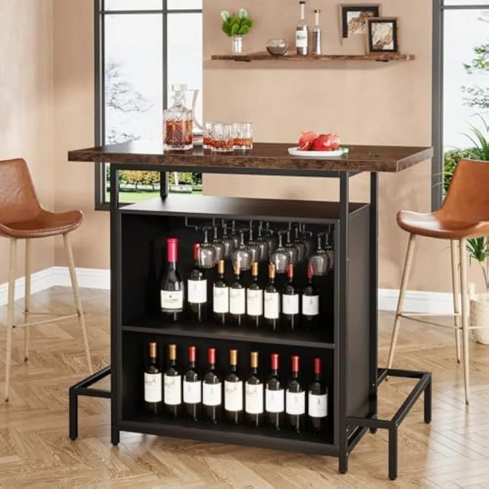Industrial Home Bar Unit 3-Tier Liquor Table with Stemware Racks