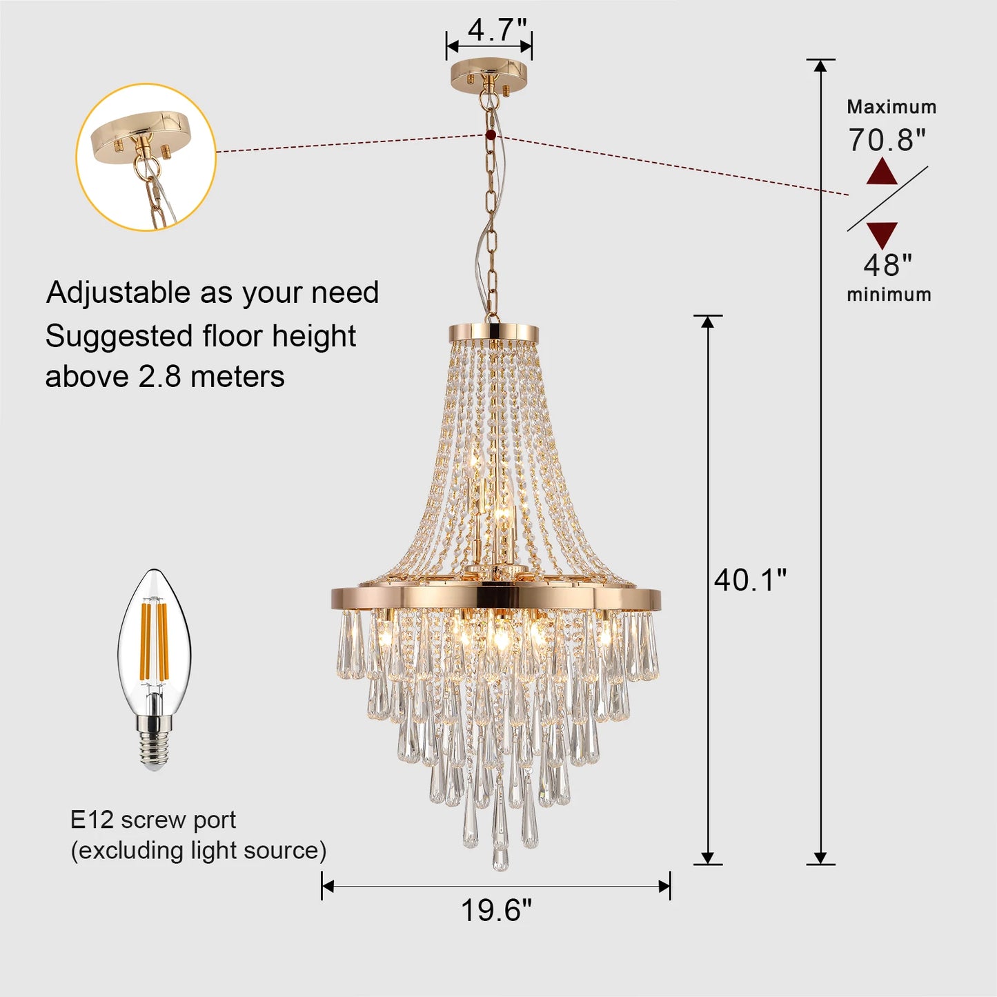 19.7-inch Crystal Chandelier Adjustable Height Modern Ceiling Light Fixture