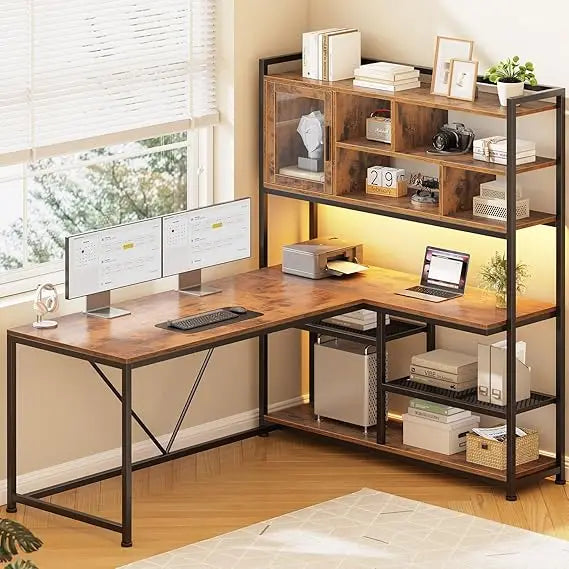 L Shaped Computer Desk with LED Light and Bookshelf for Home Office