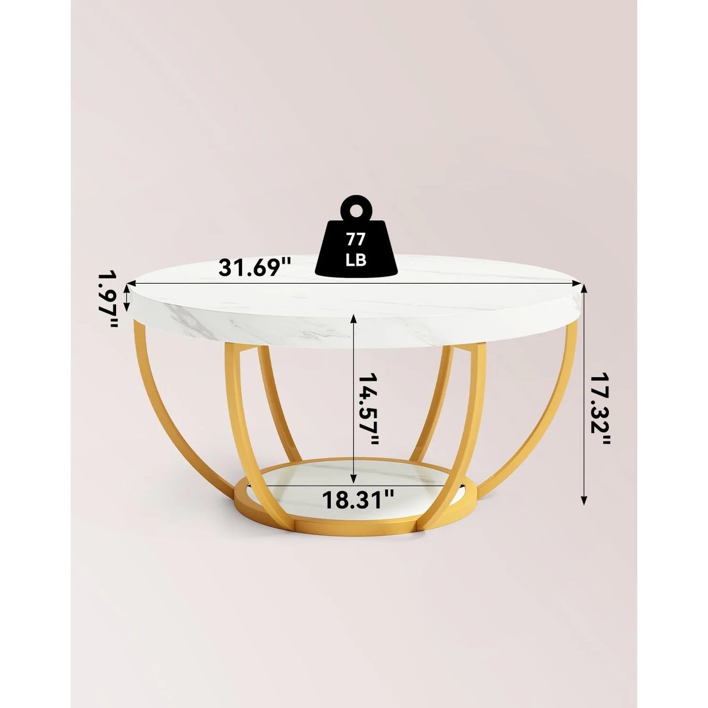 32 Inch Circle Marble Coffee Table 2 Tier Gold Metal Legs Modern Design