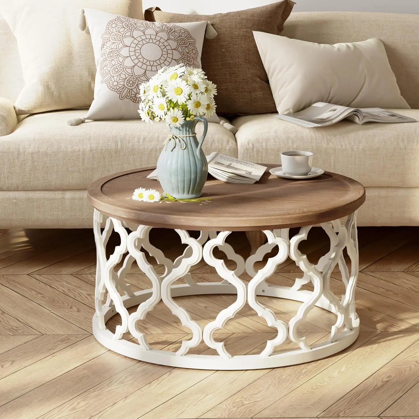 Farmhouse Coffee Table Distressed Tray Top Round Table for Rustic Decor