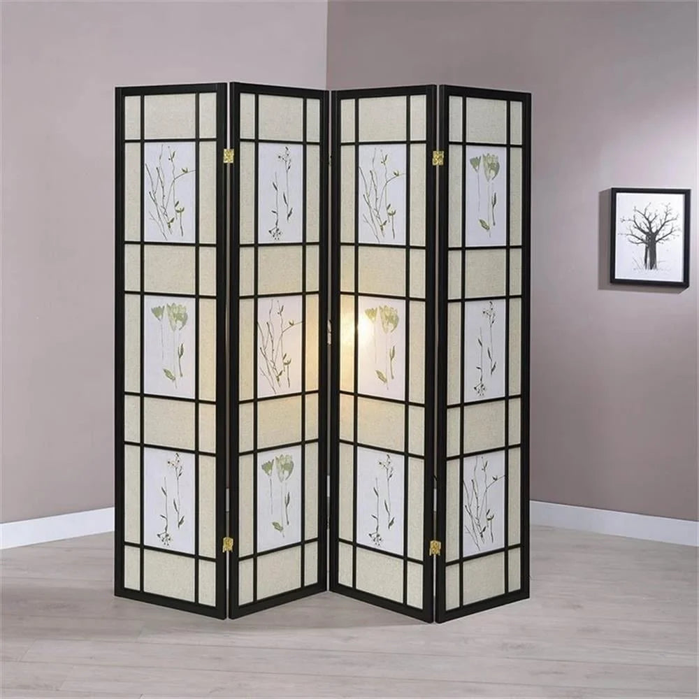 Traditional Wood Four Panel Floral Folding Room Divider Privacy Screen