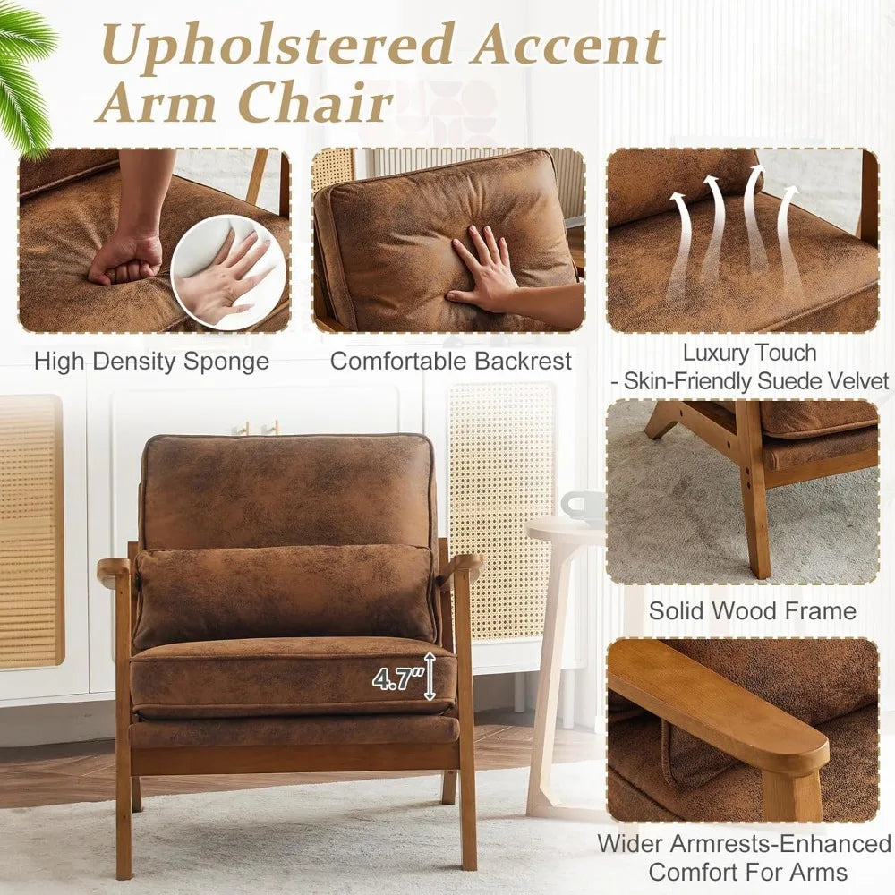 Solid Wood Wide Armrests Accent Chair Set of 2 Mid Century Modern