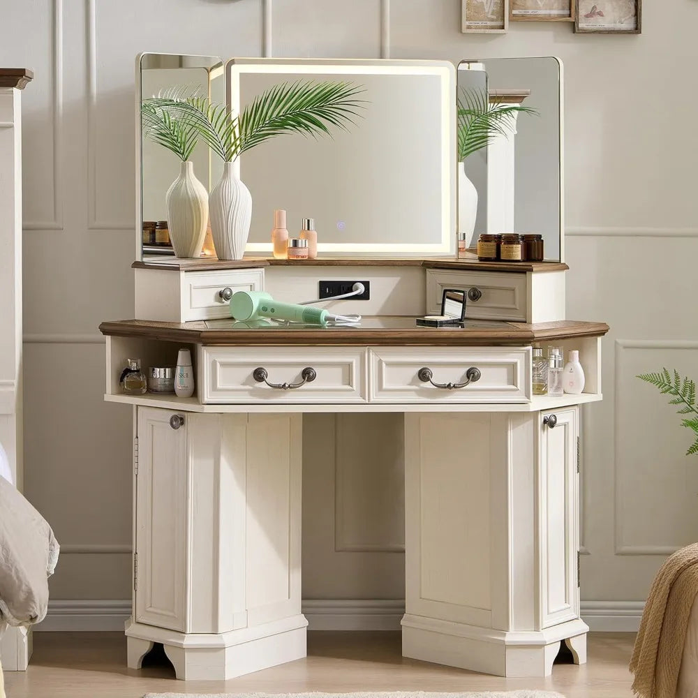 Makeup Vanity Desk with 3 Way Mirror Lights Farmhouse Dressing Table