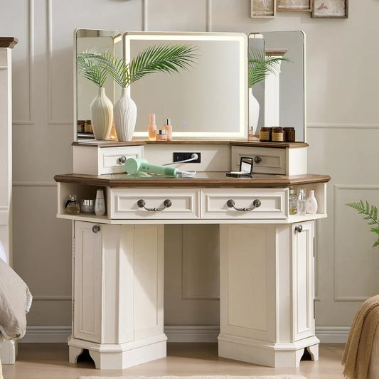 Makeup Vanity Desk with 3 Way Mirror Lights Farmhouse Dressing Table