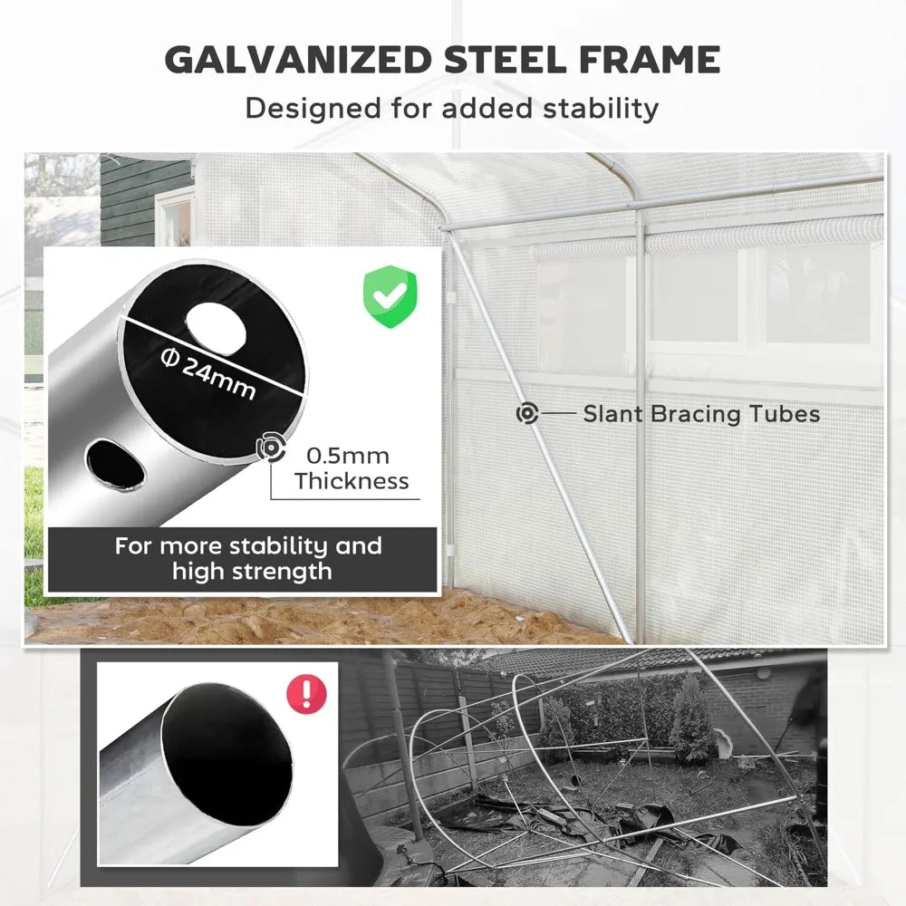 Large Walk-In Tunnel Greenhouse 13x10x6.5 with Zippered Door and Windows