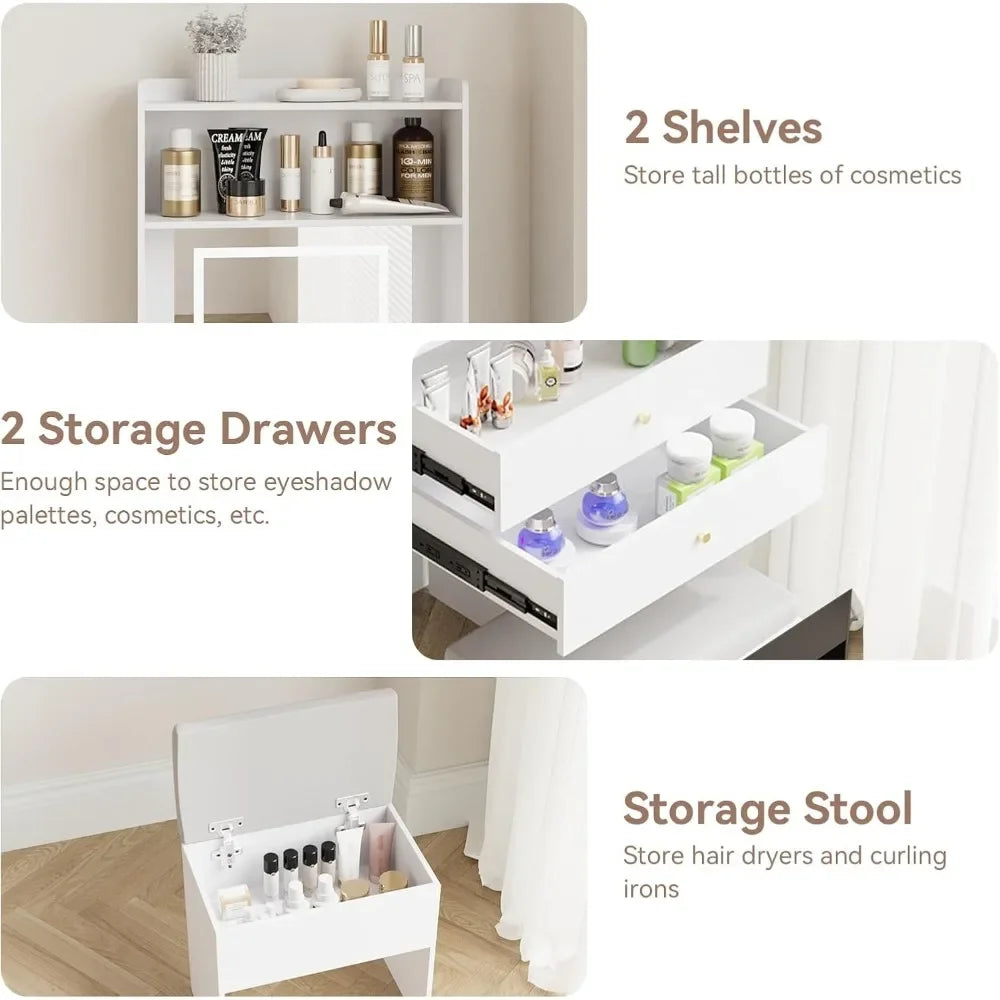 Small Vanity Desk Set with Lighted Mirror Storage Chair for Makeup