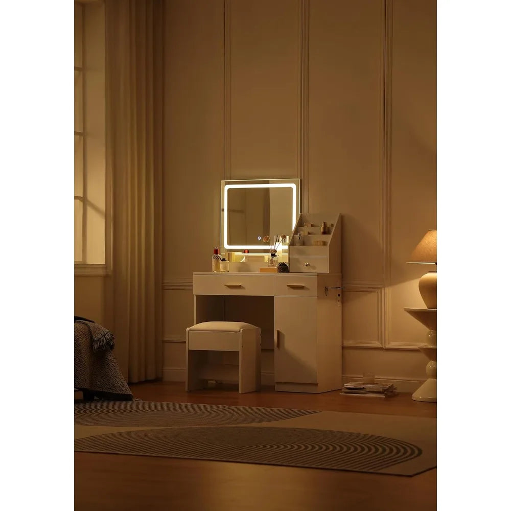 Ljustra Vanity Desk with Lighted Mirror and Makeup Organizer Comfy Chair