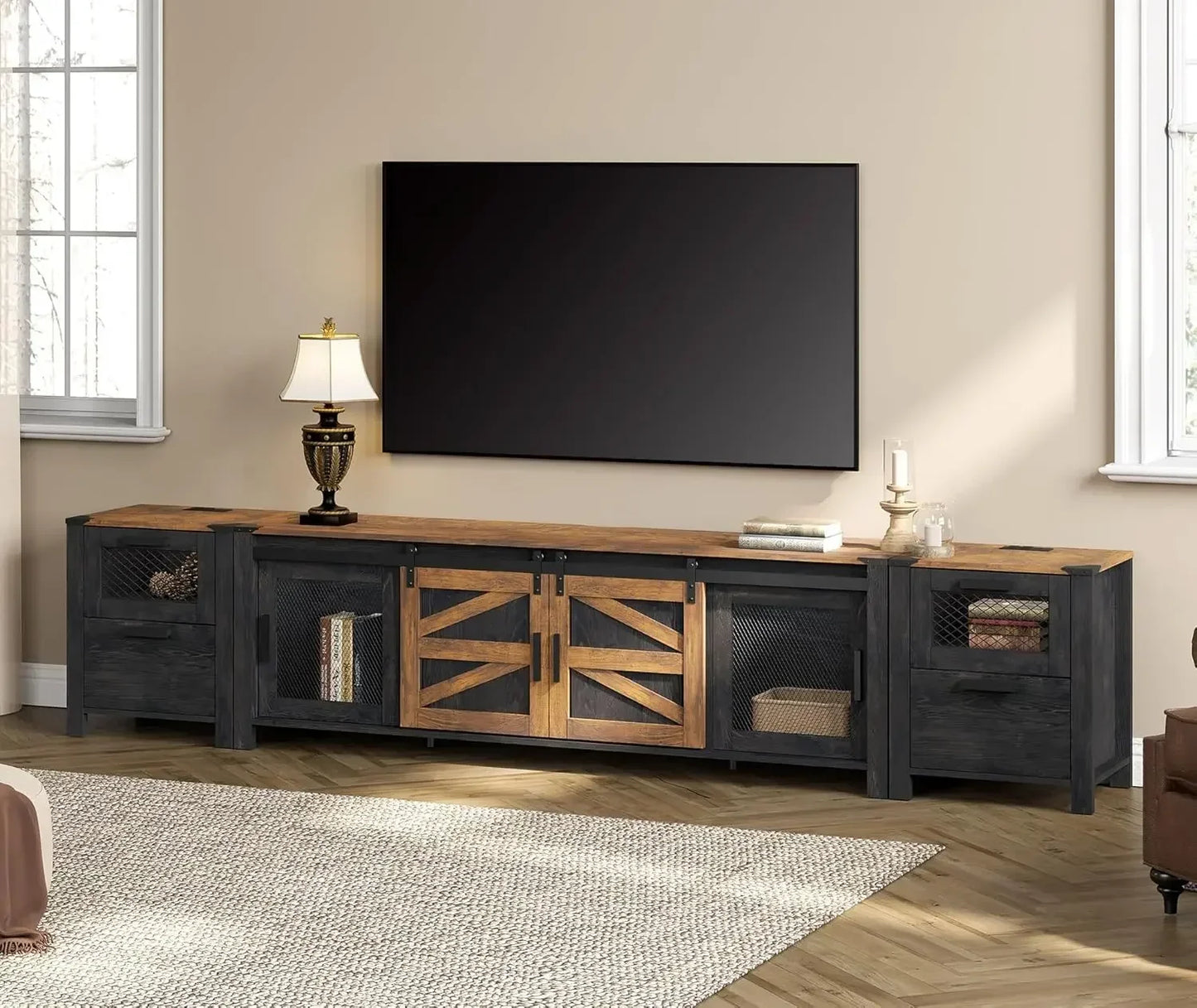 TV Stand Set for 85 inch TV with Charging Station Modern Entertainment Center