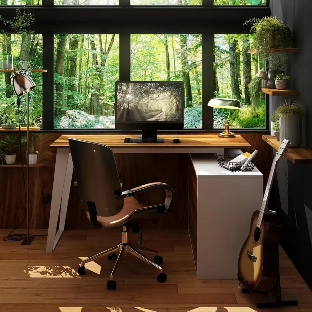 L-Shaped Home Office Desk with Storage 3 Drawers 2 Shelves Modern Design