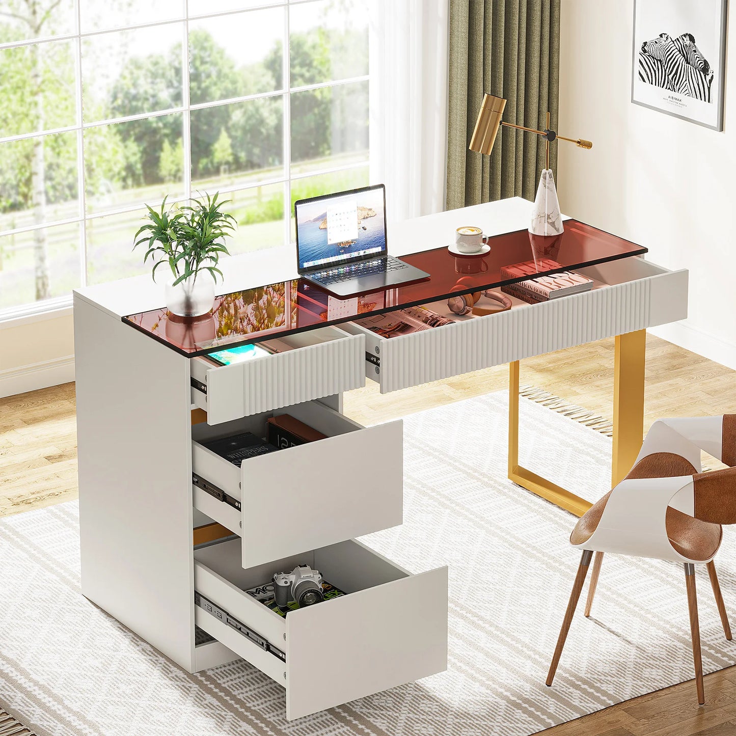 Modern 47 Inch Computer Desk with 4 Drawers Glass Top Home Office Furniture