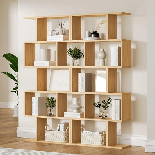Oak 5-Tier Geometric Bookcase S-Shaped Display Shelf Set of 2