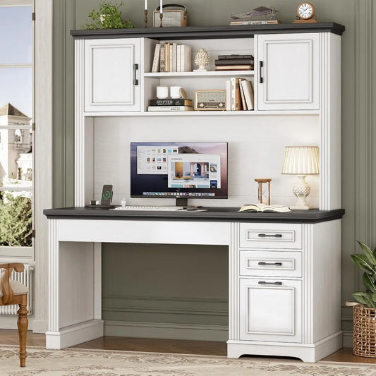 Farmhouse Computer Desk with Hutch 3 Drawers Power Outlet 47.2 Inch