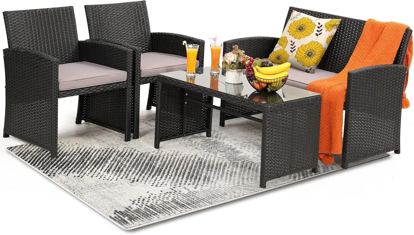 4 Piece Rattan Patio Furniture Set Outdoor Sectional Sofa Chairs Table