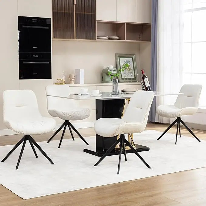 Set of 4 White Swivel Dining Chairs Modern Upholstered Metal Legs