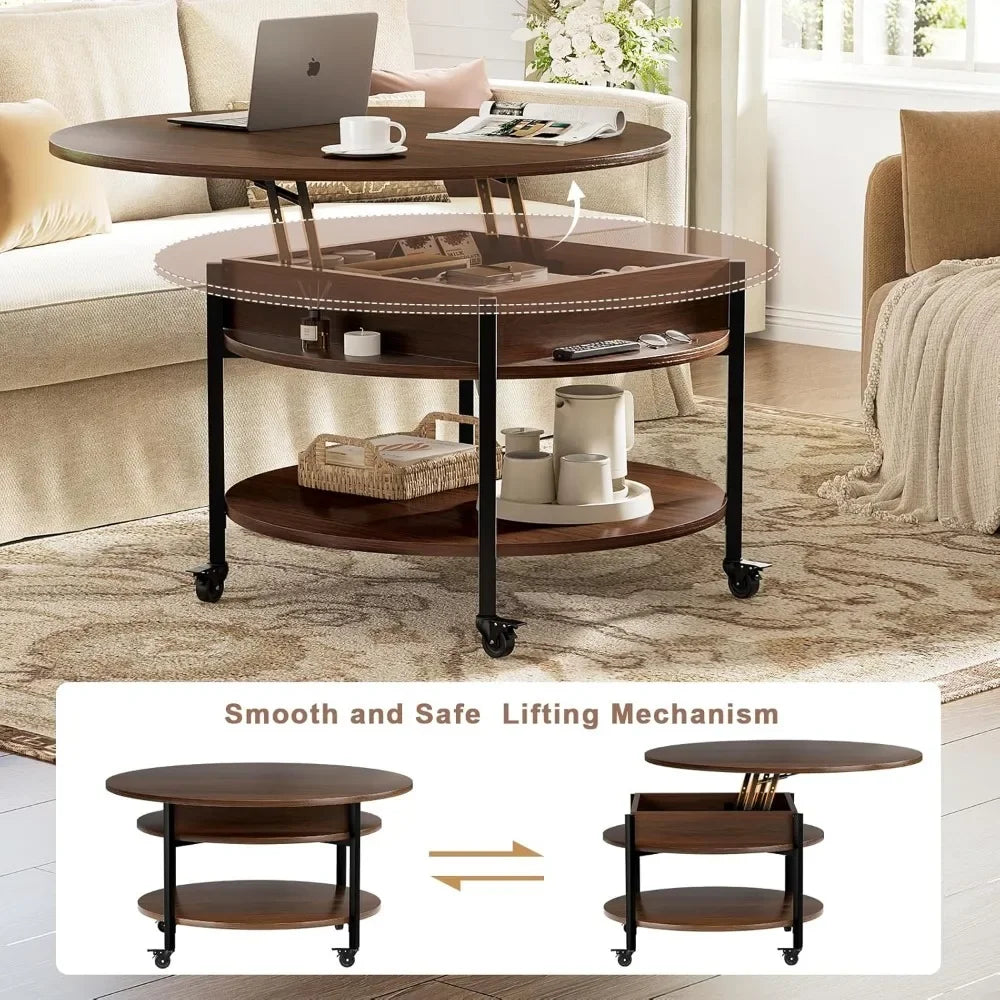 Round Lift Top Coffee Table with Wheels Storage Compartment 26.77in