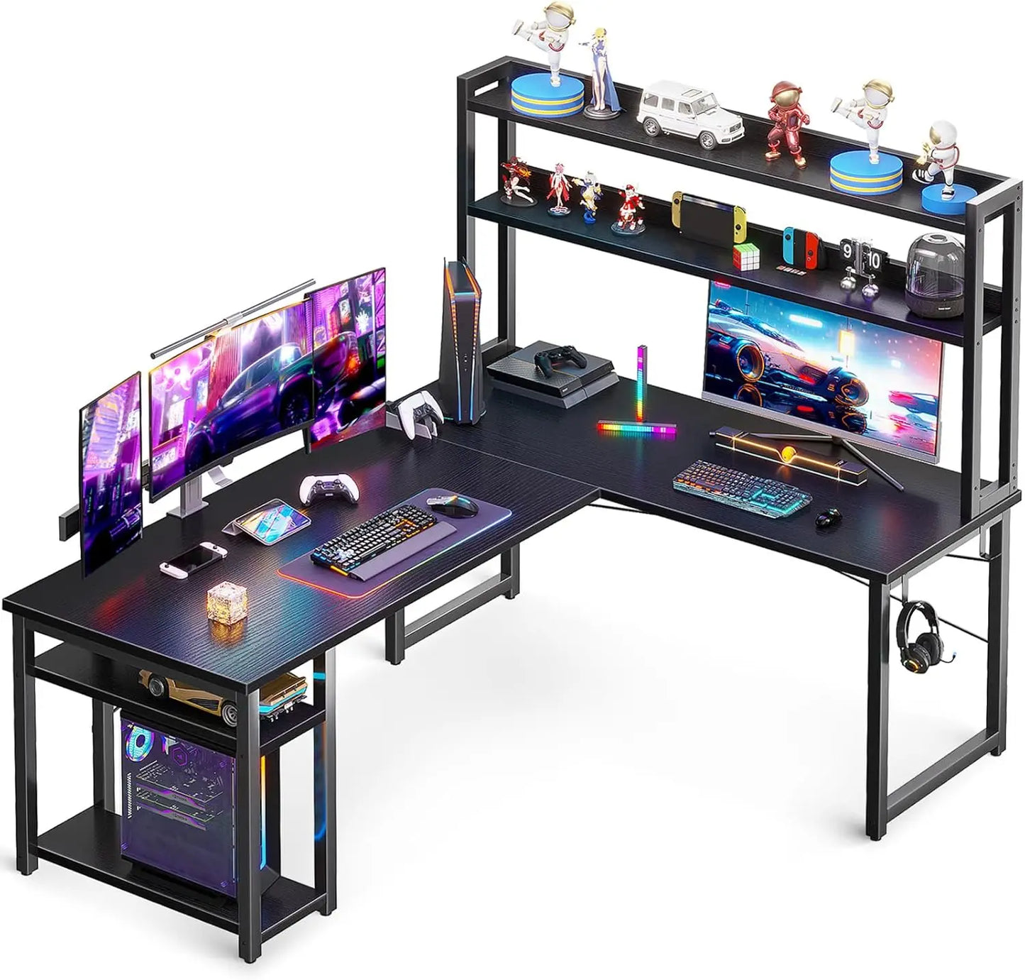 L Shaped Gaming Desk with Hutch Storage Shelves Home Office Corner Desk