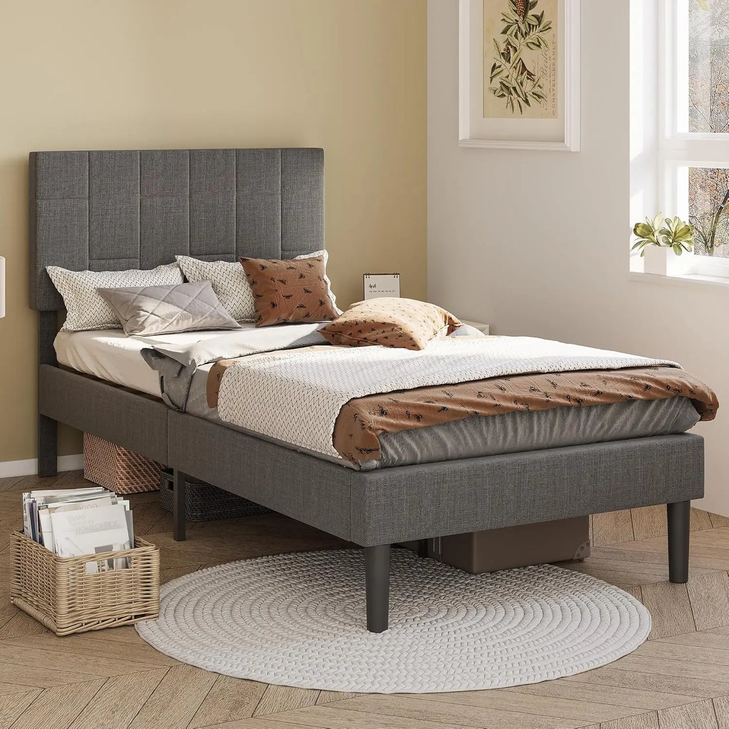 Twin XL Upholstered Bed Frame with Headboard Modern Platform Bed