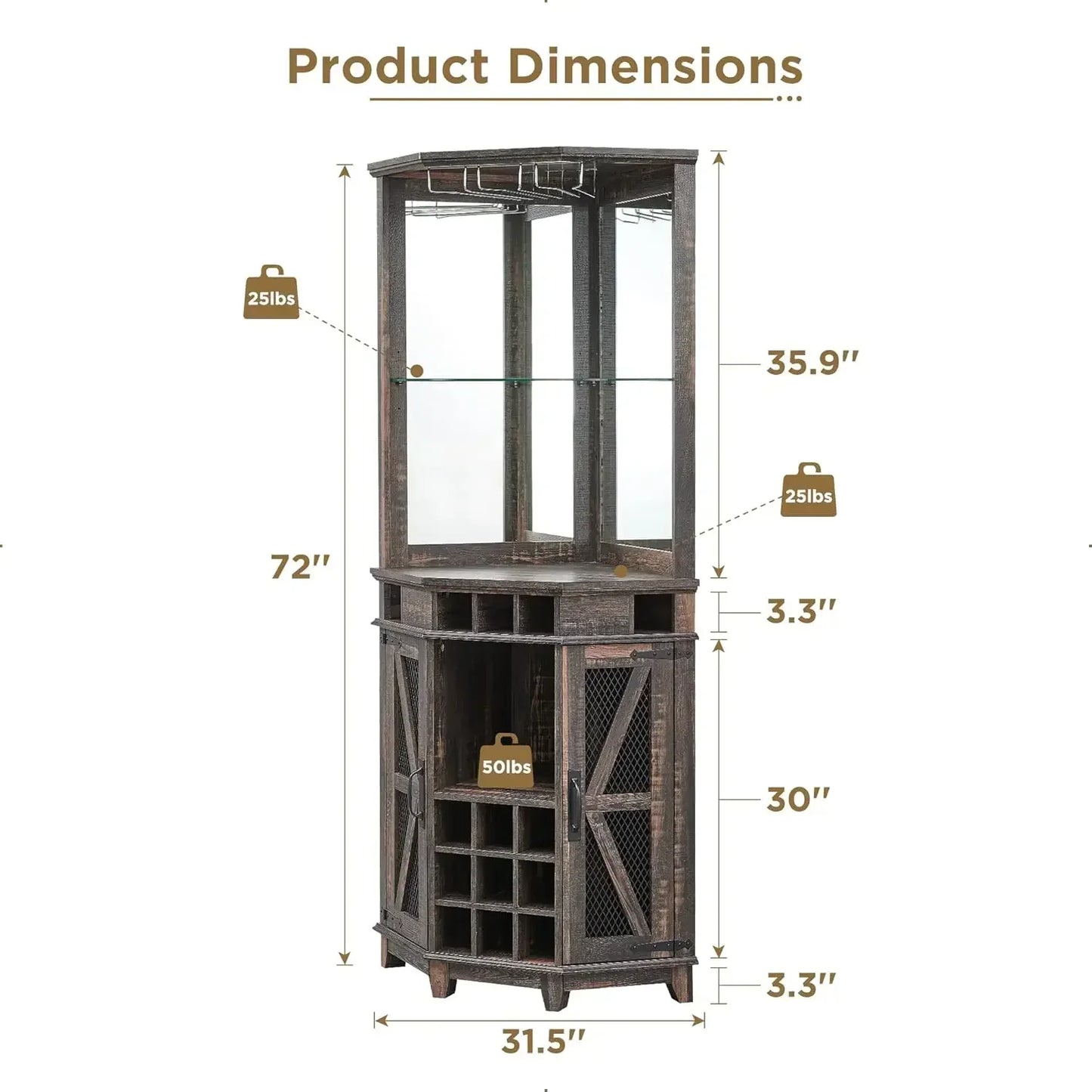 Corner Bar Cabinet 72" Tall Farmhouse Wine Storage with LED Light