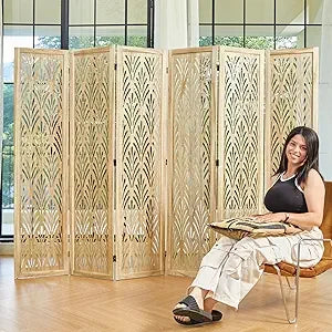 5.6Ft Room Divider Folding Wood Carved Partition Screen 6 Panels
