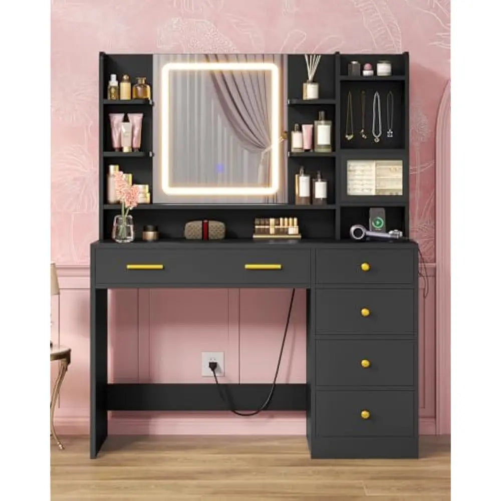 42.8 Inch Modern Vanity with Mirror Lights Jewelry Box 6 Drawers