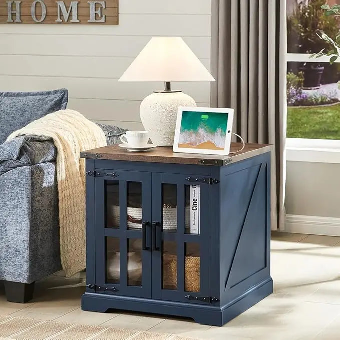 Farmhouse End Table with Charging Station Rustic Wood Nightstand