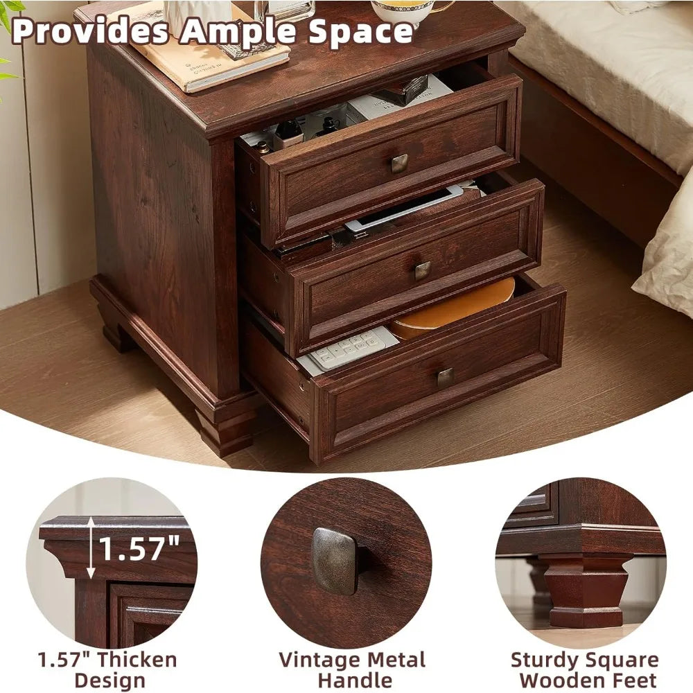 Rustic Farmhouse Nightstand Set of 2 with 3 Drawers and Solid Wood Legs