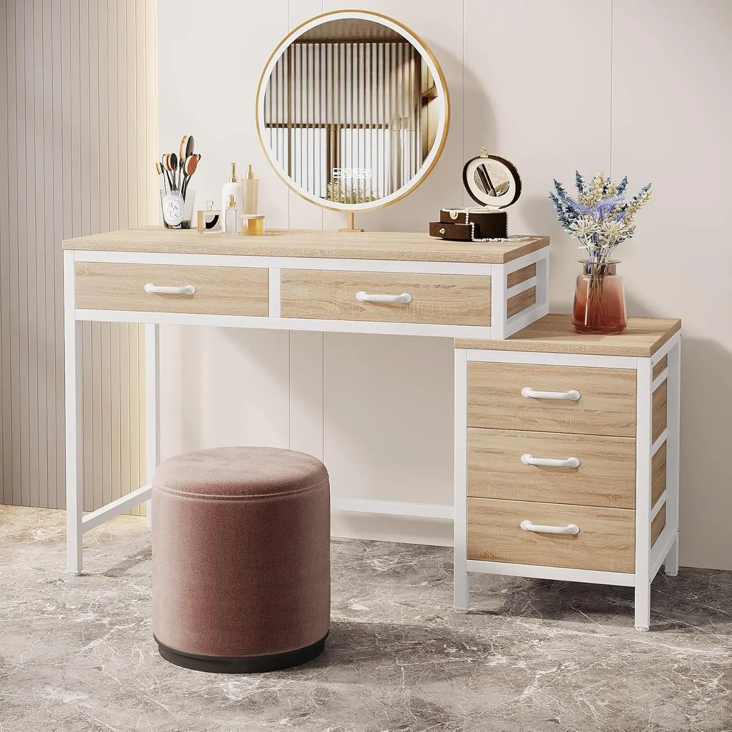Ljustra Vanity Desk with 5 Drawers Dressing Table Makeup Table Walnut