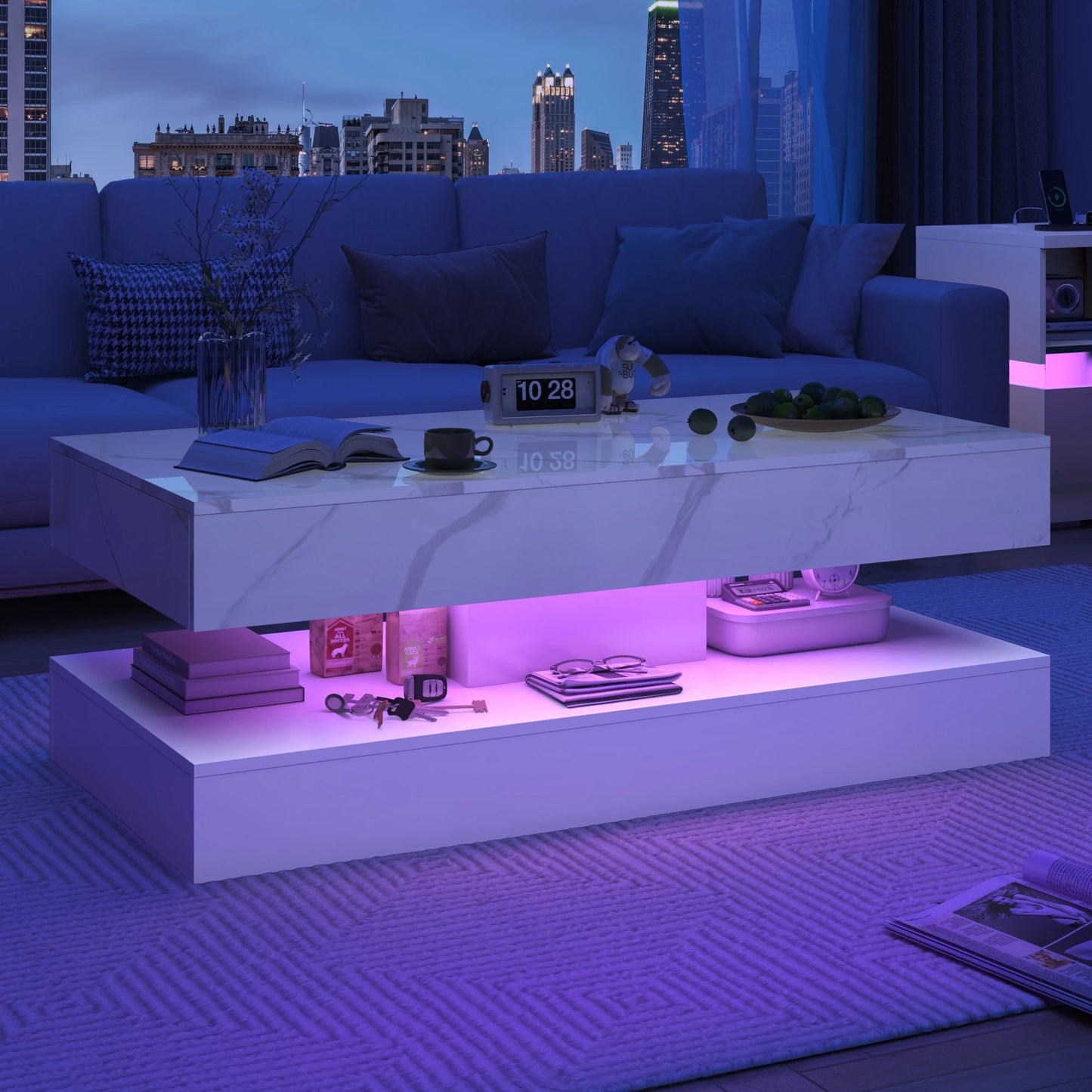 Modern Coffee Table with LED Lights Double-Layer Design Storage Drawers