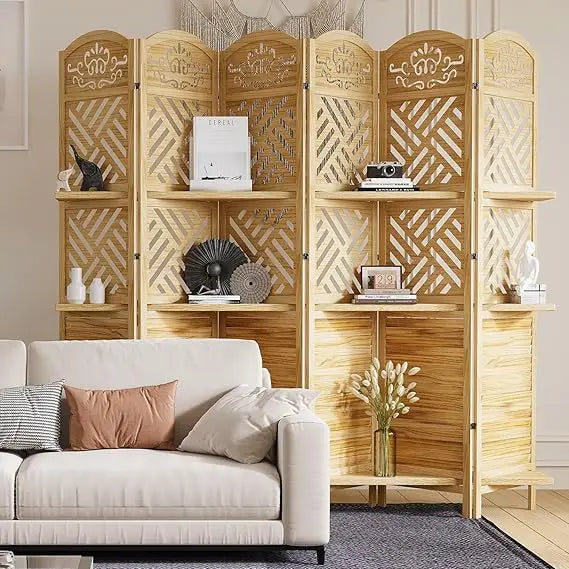 Room Divider with Shelves 5.75ft Tall Folding Wood Carved Screen