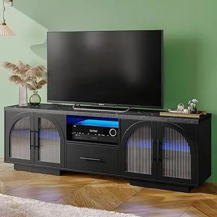 70 Inch TV Stand Entertainment Center with LED Lights and Glass Doors