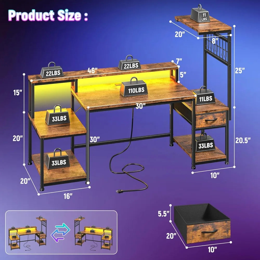 55 Inch Gaming Desk with LED Lights and Outlets Computer Desk Storage