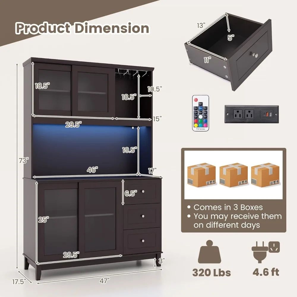73 Inch Kitchen Pantry Storage Cabinet Buffet Hutch with Power Outlets