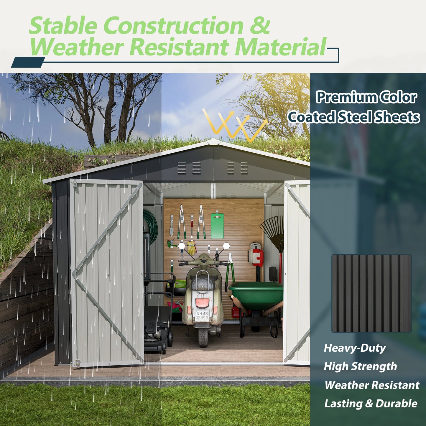 Ljustra Outdoor Storage Shed 10x10 FT Metal Tool Storage Lockable Doors