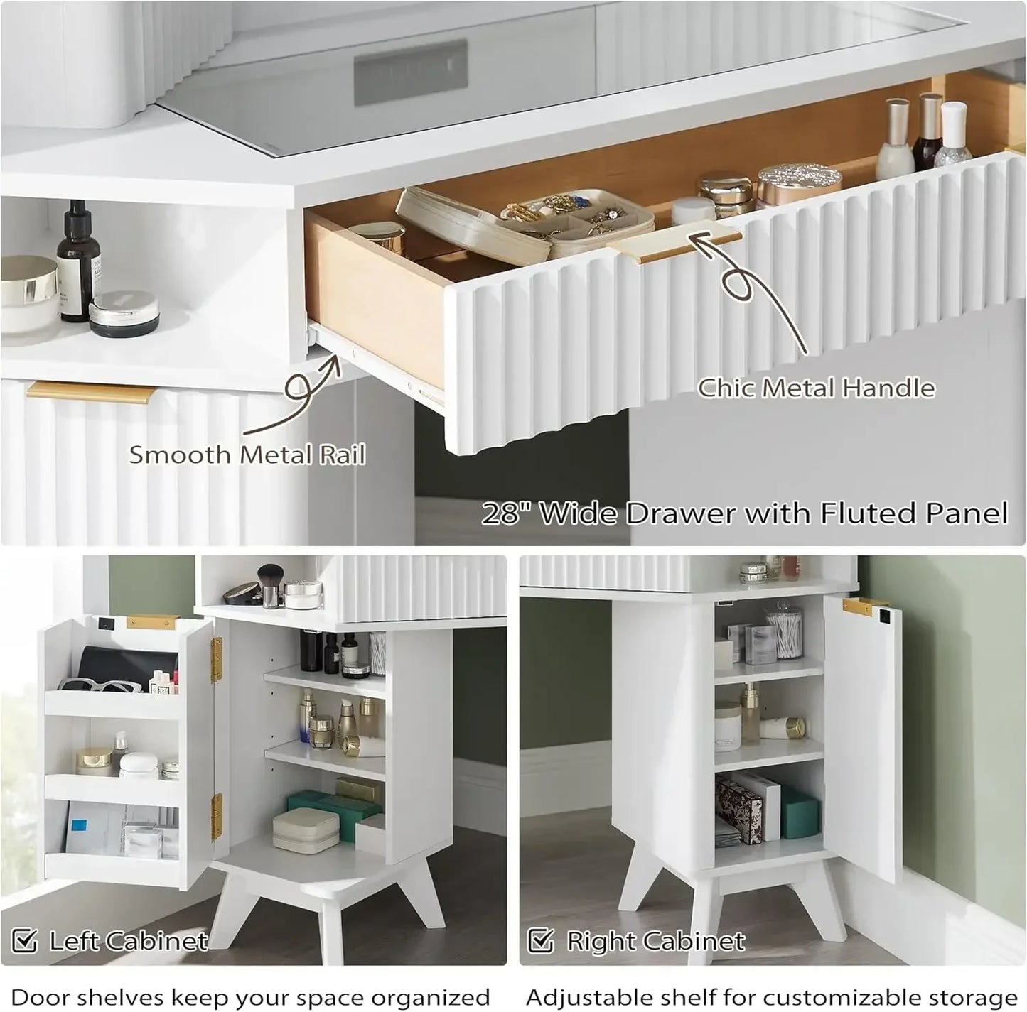 Fluted Makeup Vanity Desk with 3 Way Mirror Lights Charging Station Storage